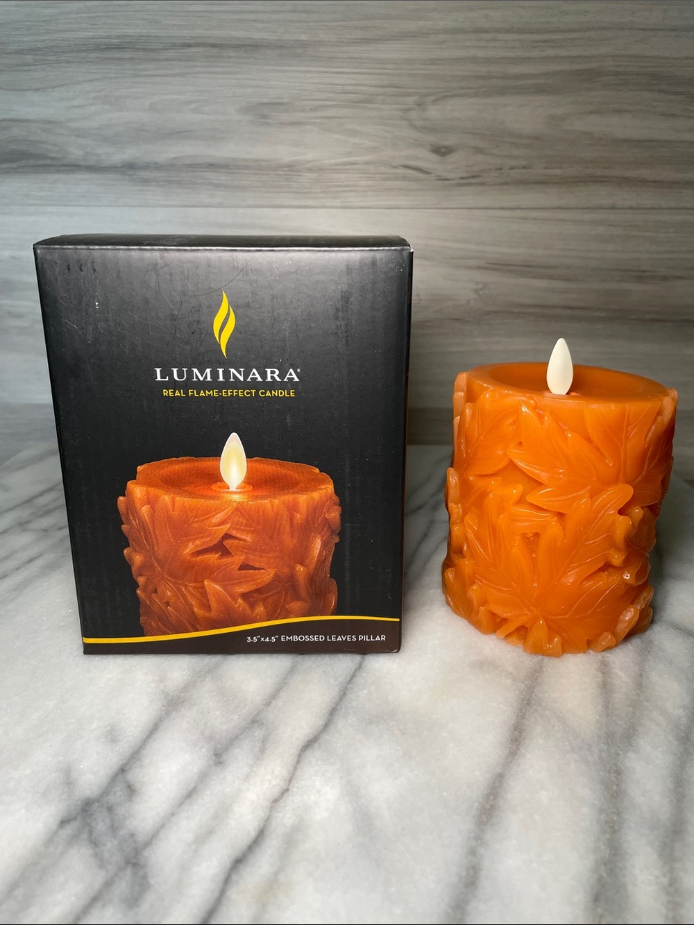 NIB- Luminara Embossed Real Wax Flameless LED Pillar Candle, Leaves, Orange - Picture 8 of 10